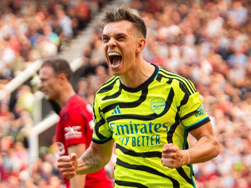 Leandro Trossard celebrates after scoring the only goal in Arsenal's 1-0 Premier League win over Manchester United at Old Trafford on May 12, 2024. EPA