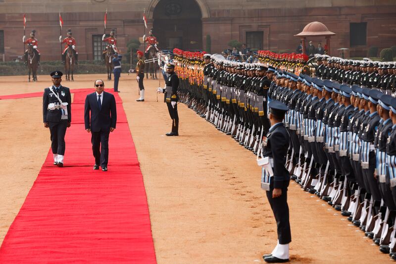 Mr El Sisi inspects a guard of honour at Rashtrapati Bhavan Presidential Palace. Reuters