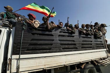 Members of Amhara region militias head to join the Ethiopian government's offensive in the neighbouring Tigray region. Reuters