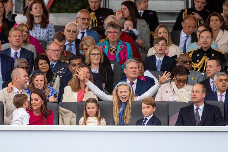 The Duchess of Cambridge, Prince Louis, Princess Charlotte, Prince George and Prince William at the pageant. Reuters