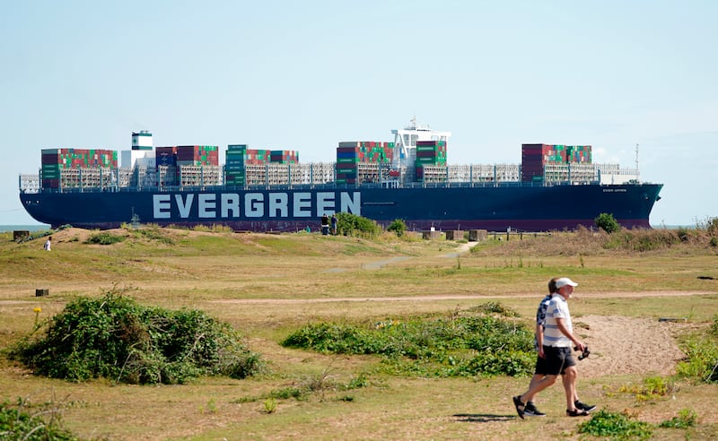 The container ship 'Ever Given' arrives at the UK's Port of Felixstowe in Suffolk.