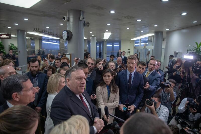 epa07195738 US Secretary of State Mike Pompeo speaks to members of the news media following a closed briefing for US senators on Saudi Arabia, on Capitol Hill in Washington, DC, USA, 28 November 2018. Members of the US Senate attended a briefing by US Secretary of State Mike Pompeo and US Secretary of Defense Jim Mattis on developments relating to Saudi Arabia. The Senate is expected to consider a resolution co-sponsored by Independent Senator from Vermont Bernie Sanders and Republican Senator from Utah Mike Lee that would stop US support of Saudi Arabia's involvement in conflict in Yemen following the death of Washington Post contributor Jamal Khashoggiost contributor Jamal Khashoggi.  EPA/TASOS KATOPODIS