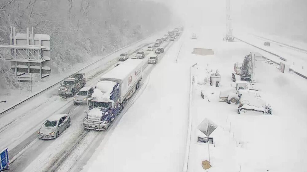 This image provided by the Virginia department of Transportation shows a closed section of Interstate 95 near Fredericksburg, Va.  Monday Jan.  3, 2022.  Both northbound and southbound sections of the highway were closed due to snow and ice.  (Virginia Department of Transportation via AP)