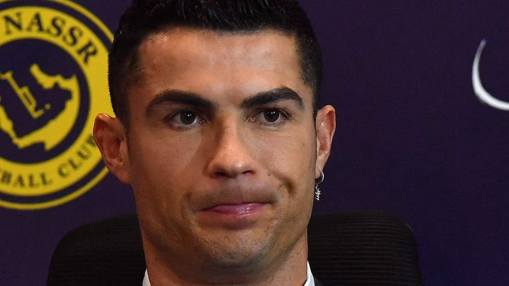 Portuguese forward Cristiano Ronaldo attends a press conference at the Mrsool Park Stadium in the Saudi capital Riyadh on January 3, 2023, ahead of the unveiling ceremony.  (Photo by AFP)