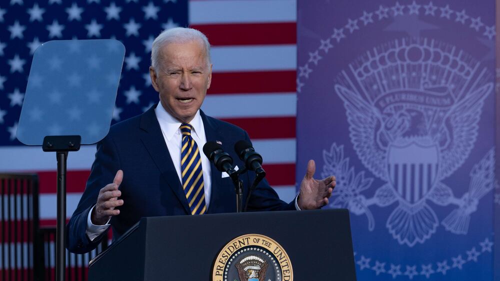 ATLANTA, GA - JANUARY 11: U. S.  President Joe Biden speaks to a crowd at the Atlanta University Center Consortium, part of both Morehouse College and Clark Atlanta University on January 11, 2022 in Atlanta, Georgia.  Biden and Vice President Kamala Harris delivered remarks on voting rights legislation.  Georgia has been a focus point for voting legislation after the state voted Democratic for the first time in almost 30 years in the 2020 election.  As a result, the Georgia House passed House Bill 531 to limit voting hours, drop boxes, and require a government ID when voting by mail.    Megan Varner / Getty Images / AFP
