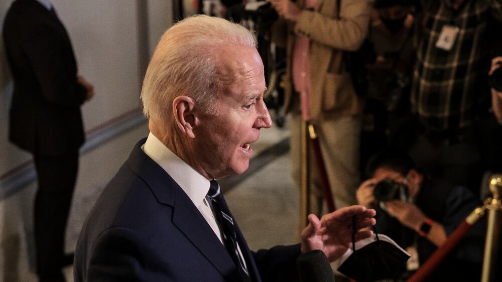 President Joe Biden speaks to members of the media at the US Capitol in Washington, DC, USA, 13 January 2022, after he met with the Senate Democratic Caucus to discuss the urgent need to pass legislation to protect the constitutional right to vote and the integrity of our elections.   EPA / Oliver Contreras  /  POOL