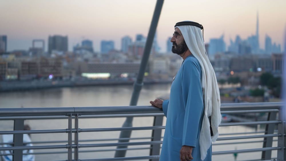 Sheikh Mohammed surveys Dubai Creek from Infinity Bridge.