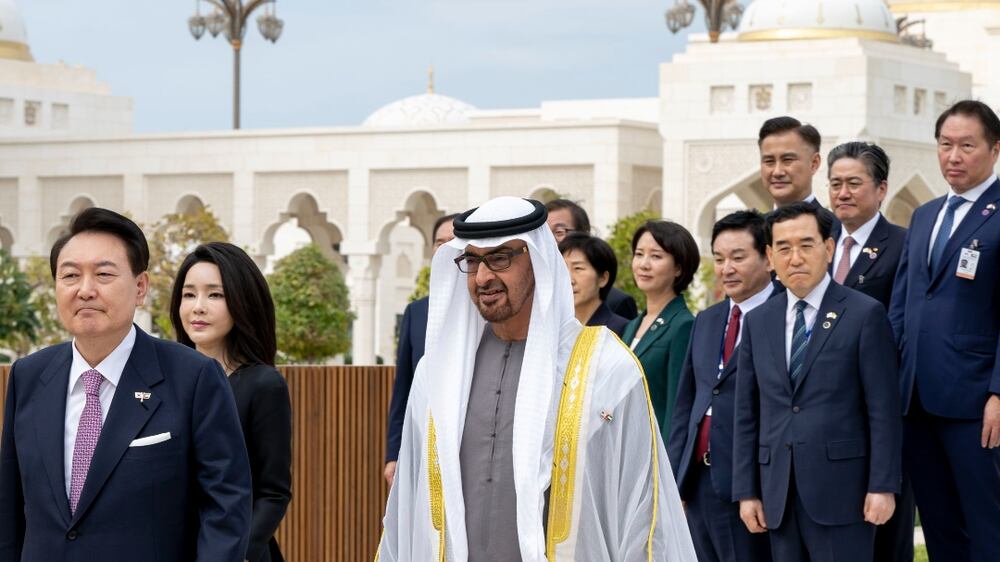 ABU DHABI, UNITED ARAB EMIRATES - January 15, 2023: HH Sheikh Mohamed bin Zayed Al Nahyan, President of the United Arab Emirates (front R) receives HE Yoon Suk Yeol, President of South Korea (front L) and Kim Keon-hee, First Lady of South Korea (back L), during a state visit reception, at Qasr Al Watan.
( Mohamed Al Hammadi / UAE Presidential Court )
---