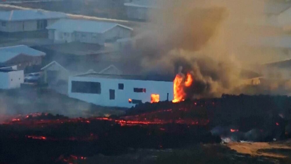 Video: Buildings catch fire after Iceland volcano eruption