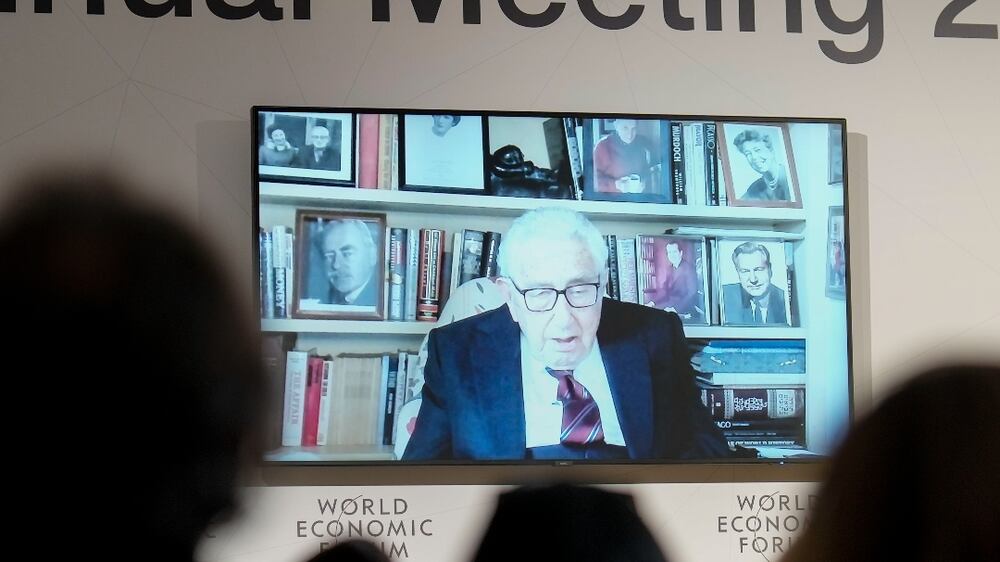 Former U. S.  Secretary of State Henry Kissinger appears on screen a panel during the annual meeting of the World Economic Forum, in Davos, Switzerland Tuesday, Jan.  17, 2023.  The annual meeting of the World Economic Forum is taking place in Davos from Jan.  16 until Jan.  20, 2023.  (AP Photo / Markus Schreiber)