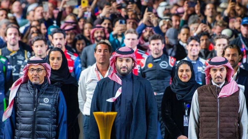 Saudi Crown Prince and Prime Minister, Mohammed Bin Salman attends the Formula-E Race at Diriyah Race Track, Riyadh, Saudi Arabia, January 28, 2022.  Saudi Press Agency / Handout via REUTERS ATTENTION EDITORS - THIS PICTURE WAS PROVIDED BY A THIRD PARTY