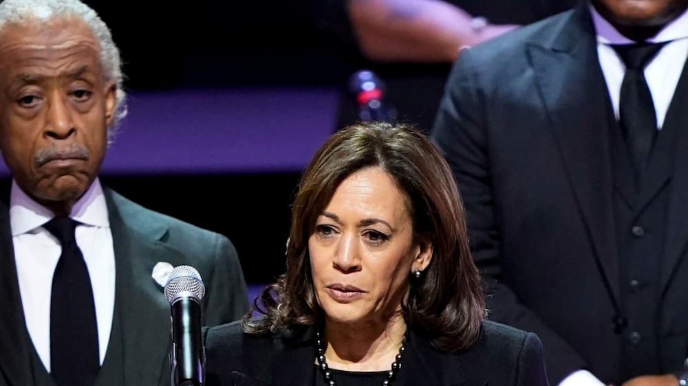 Vice President Kamala Harris speaks during the funeral service for Tyre Nichols at Mississippi Boulevard Christian Church in Memphis, Tenn. , on Wednesday, Feb.  1, 2023.  Standing are Rev.  Al Sharpton and Rev.  Dr.  J.  Lawrence Turner.  Nichols died following a brutal beating by Memphis police after a traffic stop.  (Andrew Nelles / The Tennessean via AP, Pool)