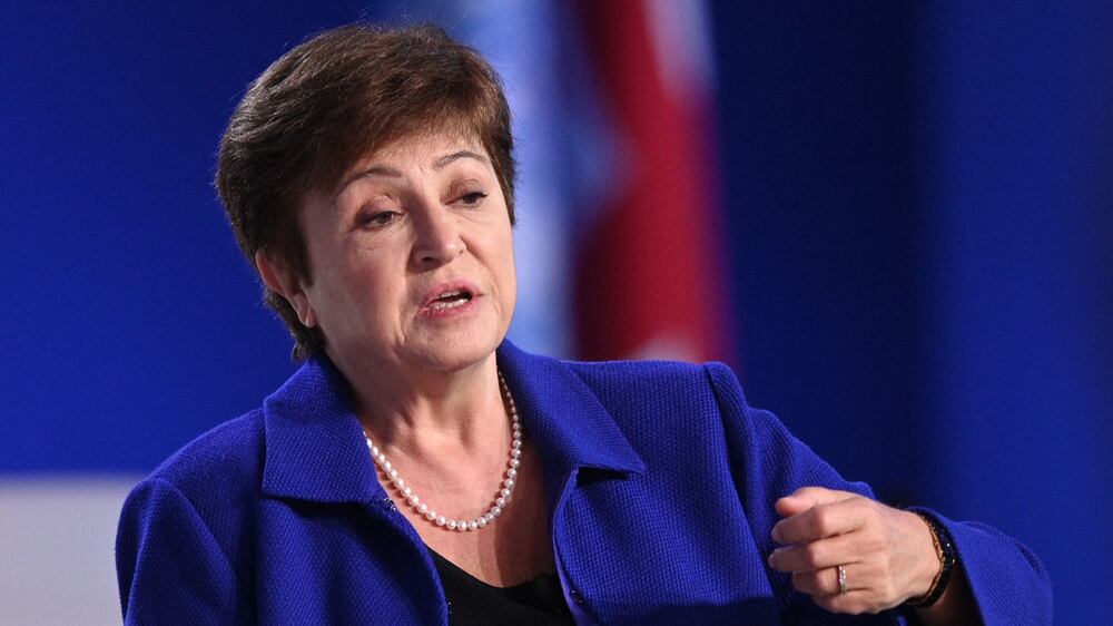 (FILES) In this file photo taken on November 03, 2021, IMF managing director Kristalina Georgieva speaks during a panel discussion at the COP26 UN Climate Summit in Glasgow. - Georgieva stressed on April 20, 2022, that global cooperation in the G20 "must and will continue," as Western nations threaten to boycott meetings attended by Russian officials. There is a long list of issues that "no country can solve on its own," Georgieva told reporters ahead of a meeting of the bloc's finance chiefs and central bankers, and, "I can vouch for the fact that it is more difficult when there are tensions, but it is not impossible." (Photo by Daniel LEAL / AFP)