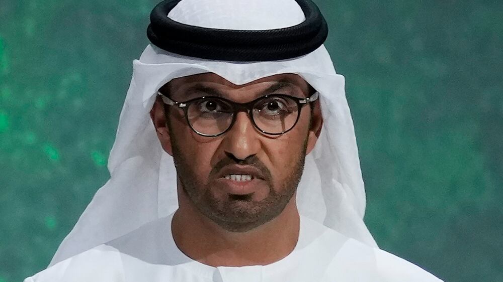 Sultan al-Jaber, the CEO of Abu Dhabi National Oil Co. , talks during the World Government Summit in Dubai, United Arab Emirates, Tuesday, Feb 14, 2023.  The United Arab Emirates' pick to lead the upcoming COP28 climate talks in Dubai called on the world Tuesday to "fight climate change, not each other," directly addressing the anger activists have felt over his selection.  (AP Photo / Kamran Jebreili)