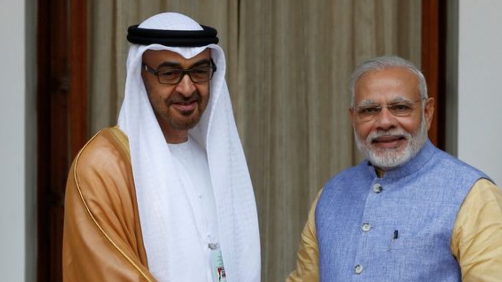 Sheikh Mohammed bin Zayed, Crown Prince of Abu Dhabi and UAE’s Deputy Supreme Commander of the UAE Armed Forces, with prime minister Narendra Modi at Hyderabad House in New Delhi. Adnan Abidi / Reuters