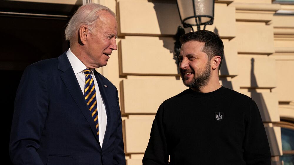 US President Joe Biden meets with Ukrainian President Volodymyr Zelenskyy at Mariinsky Palace on an unannounced visit in Kyiv, Ukraine, Monday, Feb.  20, 2023.  Evan Vucci / Pool via REUTERS
