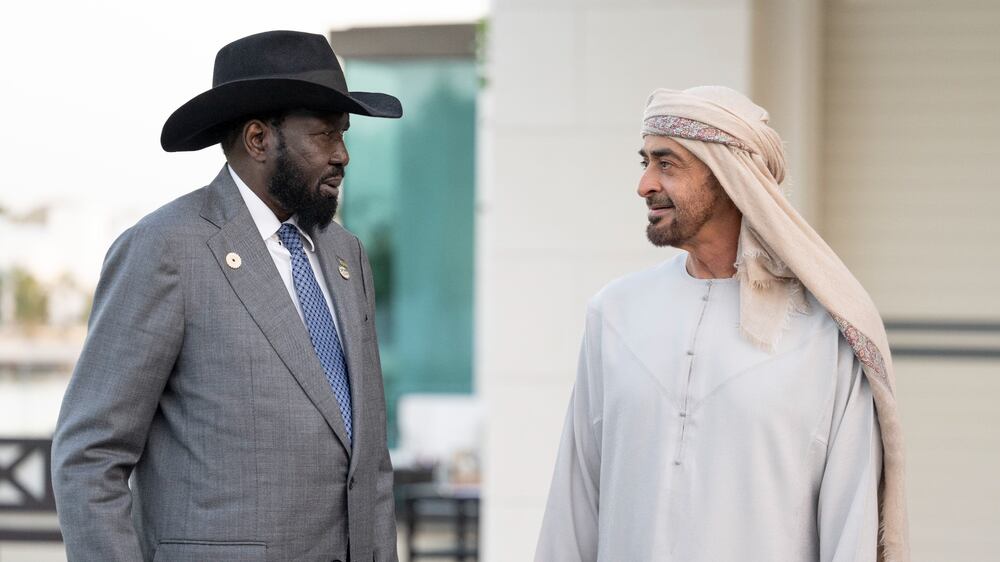 ABU DHABI, UNITED ARAB EMIRATES - February 20, 2022: HH Sheikh Mohamed bin Zayed Al Nahyan, Crown Prince of Abu Dhabi and Deputy Supreme Commander of the UAE Armed Forces (R) speaks with HE Salva Kiir Mayardit, President of South Sudan (L), after a meeting, at Al Shati Palace.

( Hamad Al Kaabi / Ministry of Presidential Affairs )​
---