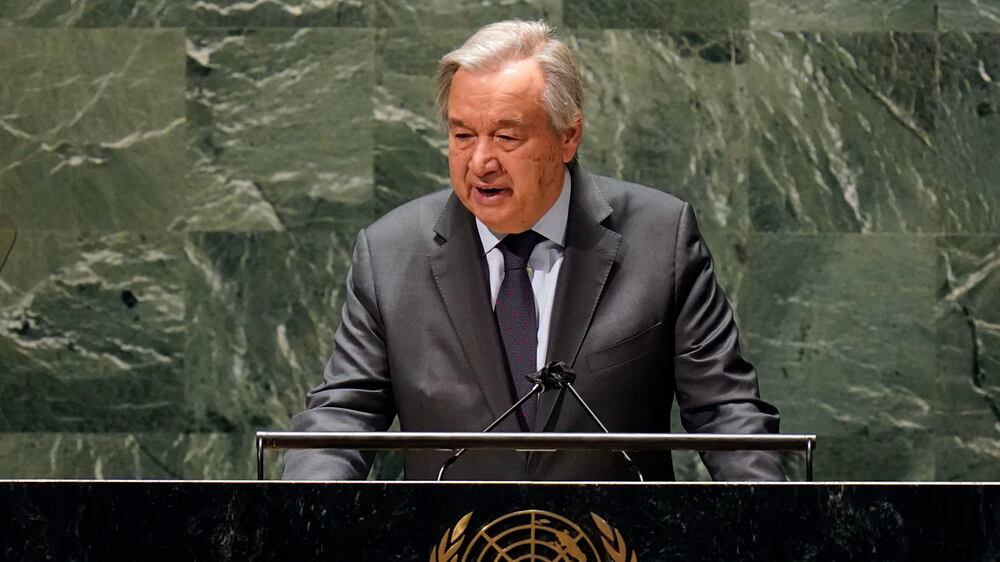 United Nations Secretary General Antonio Guterres addresses the emergency session of the United Nations General Assembly, Monday, Feb.  28, 2022.  (AP Photo / Seth Wenig)