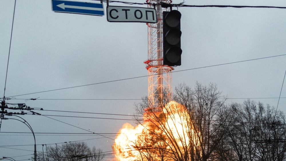 A blast is seen in the TV tower, amid Russia's invasion of Ukraine, in Kiev, Ukraine March 1, 2022.  REUTERS / Carlos Barria