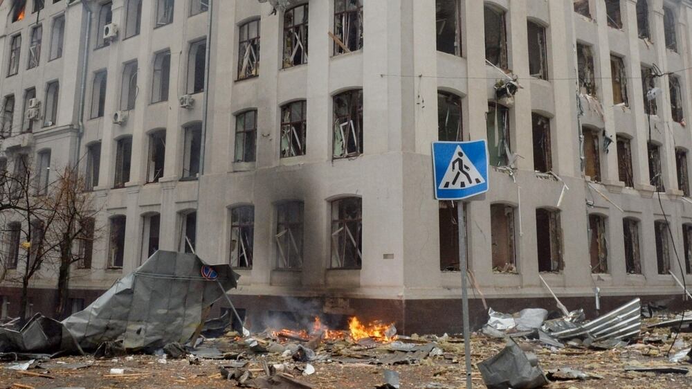 Kharkiv police building in flames after Russian missile strike