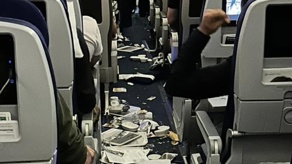 Photo provided by Stryker Fadhel the mess aboard Lufthansa Flight 469 after it hit heavy turbulence