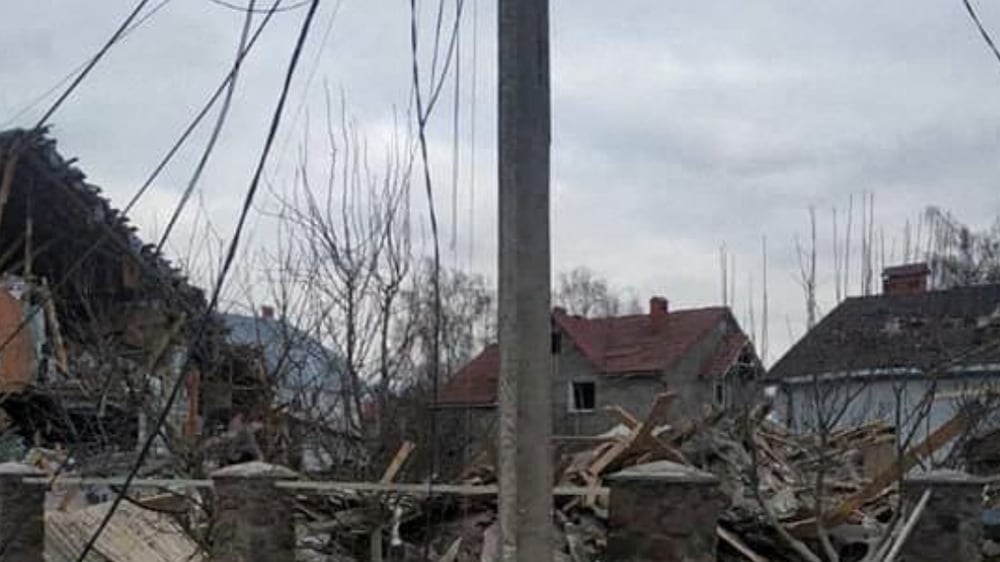 A view shows residential buildings damaged by shelling, amid the Russian invasion of Ukraine, in Zhytomyr region, Ukraine, in this handout picture released March 7, 2022.   Press service of the State Emergency Service of Ukraine/Handout via REUTERS ATTENTION EDITORS - THIS IMAGE HAS BEEN SUPPLIED BY A THIRD PARTY. 