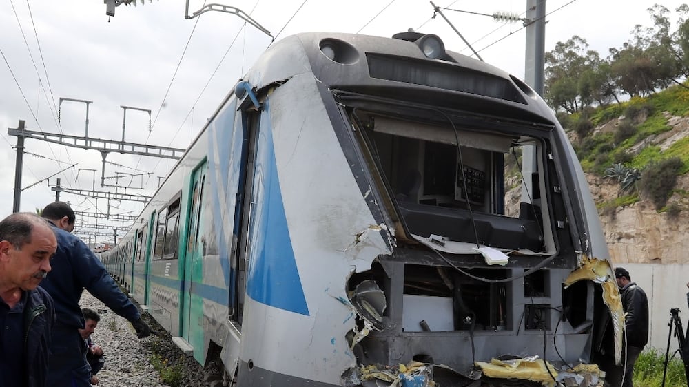 The scene of the train collision accident in Jbel Jelloud area in the south of Tunis, Tunisia, 21 March 2022.  Two passenger trains collided, resulting in the injury of 95 people, according to Civil Defense spokesman Moez Treaa.   EPA / MOHAMED MESSARA