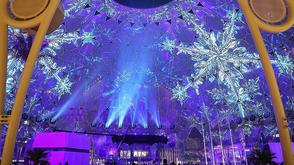 View of the last audiovisual show around 11pm at the Al Wasl dome at the EXPO 2020 site in Dubai. Pawan Singh / The National  