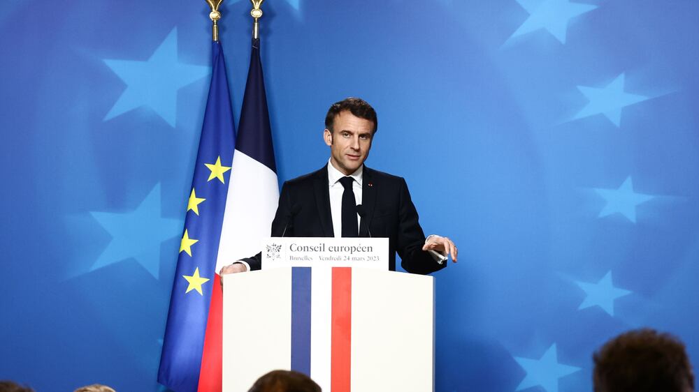 French President Emmanuel Macron gives a press conference at the end of the second day of an  EU Summit in Brussels, Belgium, 24 March 2023.   EPA / STEPHANIE LECOCQ