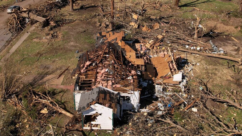 An aerial view of destroyed homes after thunderstorms spawning high straight-line winds and tornadoes ripped across the state in Rolling Fork, Mississippi, U. S. , March 25, 2023.  REUTERS / Cheney Orr