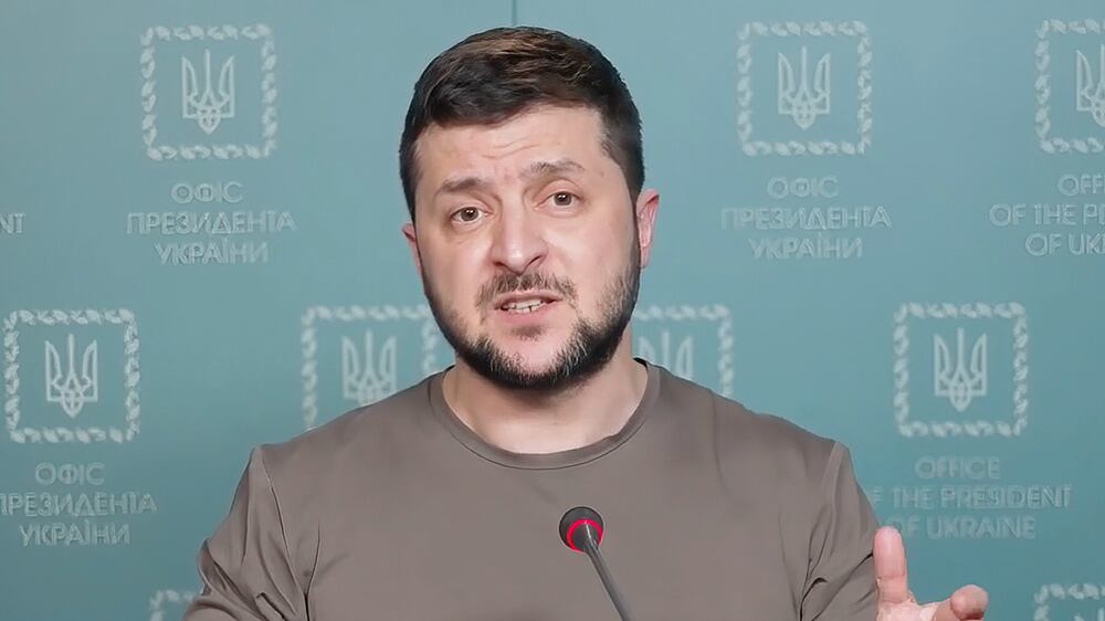 In this image from video provided by the Ukrainian Presidential Press Office, Ukrainian President Volodymyr Zelenskyy speaks from Kyiv, Ukraine, Tuesday night, March 29, 2022.  (Ukrainian Presidential Press Office via AP)