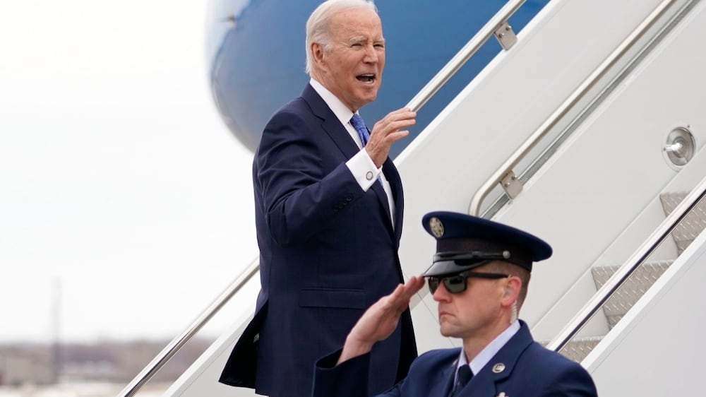 President Joe Biden boards Air Force One at Minneapolis−Saint Paul International Airport, Monday, April 3, 2023, in Minneapolis, en route to Washington.  (AP Photo / Carolyn Kaster)