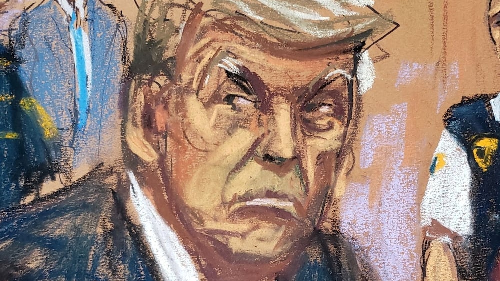 Former U. S.  President Donald Trump appears in court for an arraignment on charges stemming from his indictment by a Manhattan grand jury following a probe into hush money paid to porn star Stormy Daniels, in New York City, U. S. , April 4, 2023, in this courtroom sketch REUTERS / Jane Rosenberg
