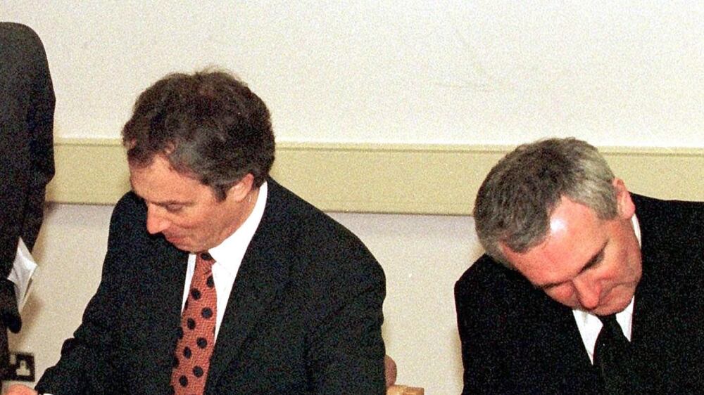 EMBARGOED TO 0001 MONDAY APRIL 3 File photo dated 10/04/98 of then prime minister Tony Blair (left) and then Taoiseach Bertie Ahern signing the Good Friday peace agreement, which stated that the people of Northern Ireland will decide democratically their own future. Blair was advised that he should use the "Government machine" to push for a yes vote in the referendum on the Good Friday Agreement - but not to the extent that it would risk calling the result of the historic vote into question. Sir Tony Blair and Bertie Ahern have hailed the spirit of Anglo-Irish teamwork and partnership that marked the high pressure negotiations that delivered Northern Ireland's historic Good Friday Agreement. Issue date: Monday April 3, 2023.