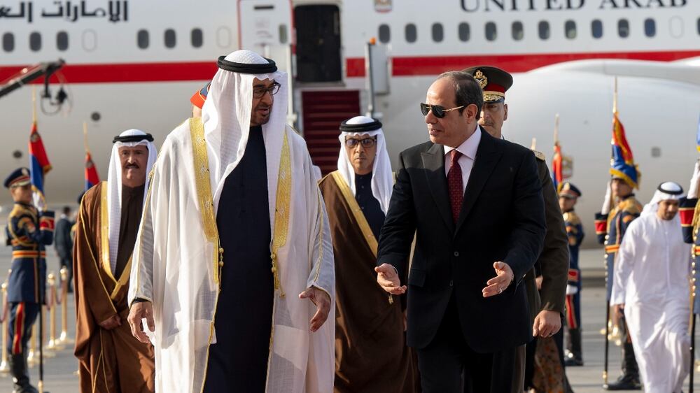 CAIRO, EGYPT - April 12, 2023: HH Sheikh Mohamed bin Zayed Al Nahyan, President of the United Arab Emirates (L) is received by HE Abdel Fattah El Sisi, President of Egypt (R), at Cairo International Airport, commencing an official visit.
( Abdulla Al Neyadi / UAE Presidential Court )
---