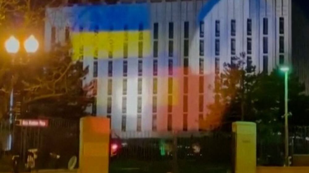 Ukrainian flags projected on to Russian embassy in Washington DC