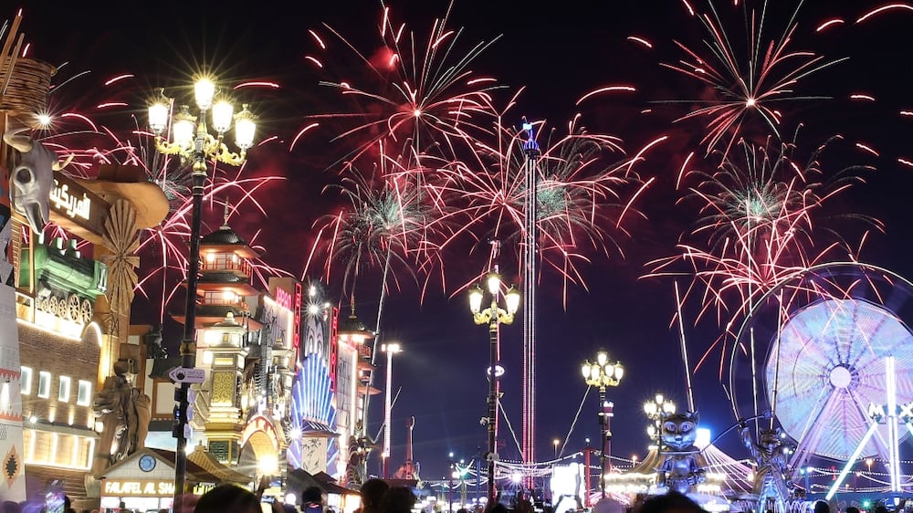 Fireworks go off to celebrate Eid at Global Village, Dubai. Chris Whiteoak / The National