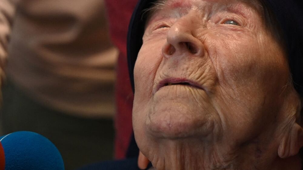 118 year-old French catholic nun Andre Randon speaks to the press at the Saint-Catherine-Laboure nursing home where she lives in Toulon, southern France, on April 26, 2022, after becoming the world's oldest known person following the death announced the day before of a Japanese woman one year her senior.  - Lucile Randon, known as Sister Andre, was born in southern France on February 11, 1904, when World War I was still a decade away.  (Photo by CHRISTOPHE SIMON  /  AFP)
