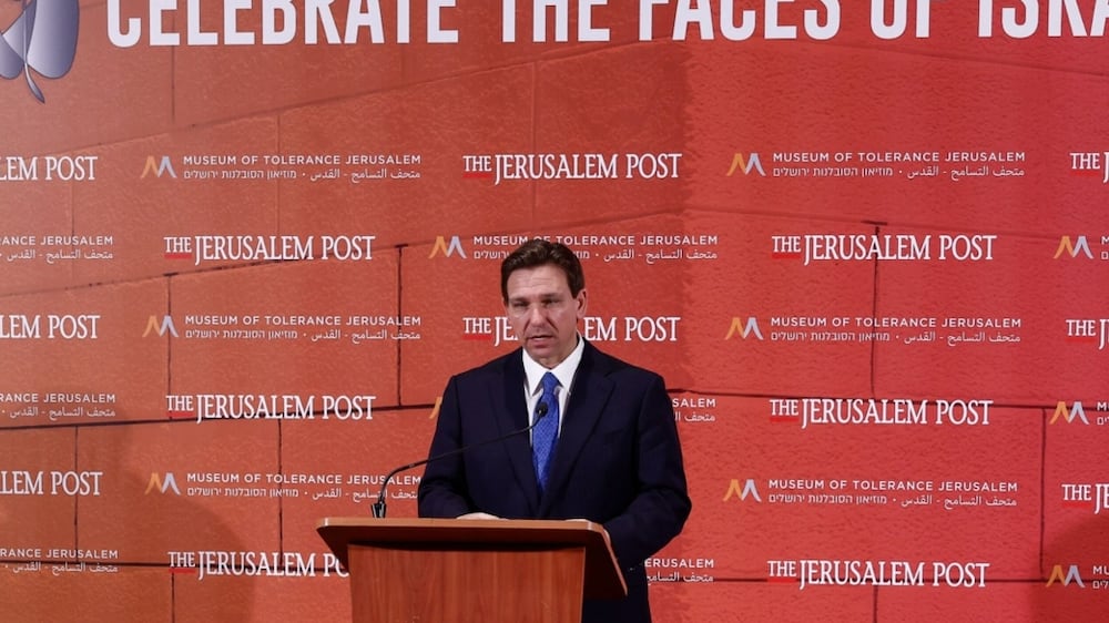 Ron DeSantis, governor of Florida, speaks during a news conference at the Jerusalem Post Conference in Jerusalem, Israel, on Thursday, April 27, 2023.  After DeSantis began pushing legislation that could upend Disney’s theme-park development plans and regulate its monorails, and even floated the idea of building a prison near Walt Disney World, the company sued, accusing the Republican of breach of contract and violating its free speech rights. Photographer: Kobi Wolf / Bloomberg