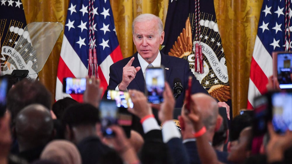 US President Joe Biden speaks during an Eid al-Fitr reception in the East Room of the White House in Washington, DC, on May 2, 2022.  (Photo by Nicholas Kamm  /  AFP)