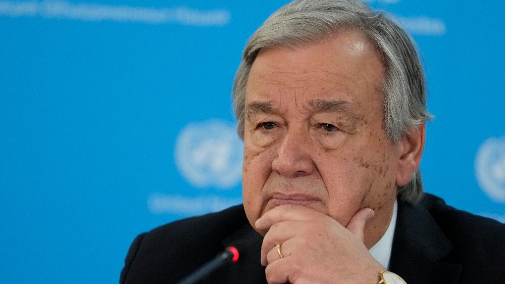 U. N secretary General Antonio Guterres attends a press conference during a visit to the U. N.  office in the capital Nairobi, Kenya Wednesday, May 3, 2023.  Guterres said the international community needs to come together and put pressure on warring generals in Sudan for the conflict to end.  (AP Photo / Khalil Senosi)