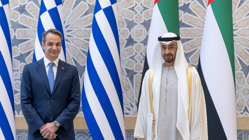ABU DHABI, UNITED ARAB EMIRATES - May 09, 2022: HH Sheikh Mohamed bin Zayed Al Nahyan, Crown Prince of Abu Dhabi and Deputy Supreme Commander of the UAE Armed Forces (R), stands for a photograph with HE Kyriakos Mitsotakis, Prime Minister of Greece (L), during an official reception at Qasr Al Watan.

( Rashed Al Mansoori / Ministry of Presidential Affairs )
---