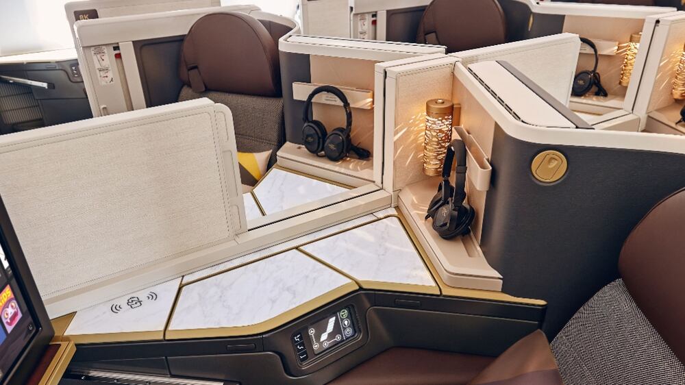 New deluxe seats of Etihad A350 Airbus on display at Arabian Travel Market in Dubai