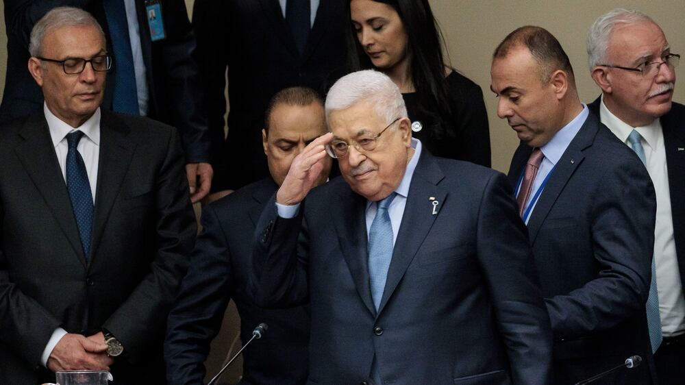 Palestine's President Mahmoud Abbas (C) arrives to a meeting marking the 75th observation by Palestine of Nakba held by the United Nations' Committee on the Exercise of the Inalienable Rights of the Palestinian People at United Nations headquarters in New York, New York, USA, 15 May 2023.  Nakba, which is being observed at the UN for the first time today, is marked annually by Palestinians to commemorate the mass displacement of Palestinians that followed the 15 May 1948 establishment of Israel.   EPA / JUSTIN LANE