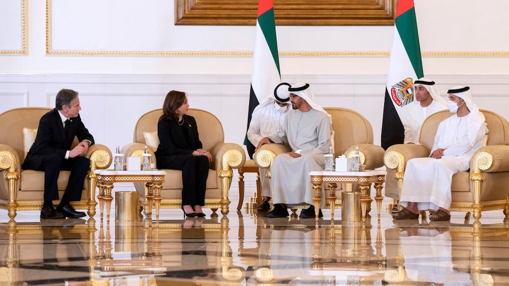 A handout image provided by the UAE Ministry of Presidential Affairs shows US Vice President Kamala Harris and US Secretary of State Antony Blinken (L) offering condolences to Sheikh Mohamed bin Zayed al-Nahyan (2nd R), President of the UAE and Ruler of Abu Dhabi and Sheikh Abdullah bin Zayed al-Nahyan (R) UAE Minister of Foreign Affairs and International Cooperation at Mishrif Palace in Abu Dhabi on May 16, 2022.  (Photo by Ministry of Presidential Affairs - Abu Dhabi  /  AFP)  /  === RESTRICTED TO EDITORIAL USE - MANDATORY CREDIT "AFP PHOTO  /  UAE'S MINISTRY OF PRESIDENTIAL AFFAIRS - NO MARKETING NO ADVERTISING CAMPAIGNS - DISTRIBUTED AS A SERVICE TO CLIENTS ===