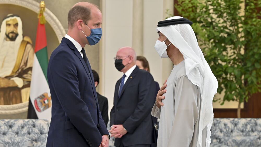 ABU DHABI, UNITED ARAB EMIRATES - May 16, 2022:  HRH Prince William, The Duke of Cambridge (L) offers condolences to HH Sheikh Mohamed bin Zayed Al Nahyan, President of the UAE and Ruler of Abu Dhabi (R), on the death of the late HH Sheikh Khalifa bin Zayed Al Nahyan, President of the United Arab Emirates.  Seen at Mushrif Palace.  

( Hassan Bargash Al Menhali for the  Ministry of Presidential Affairs )
---