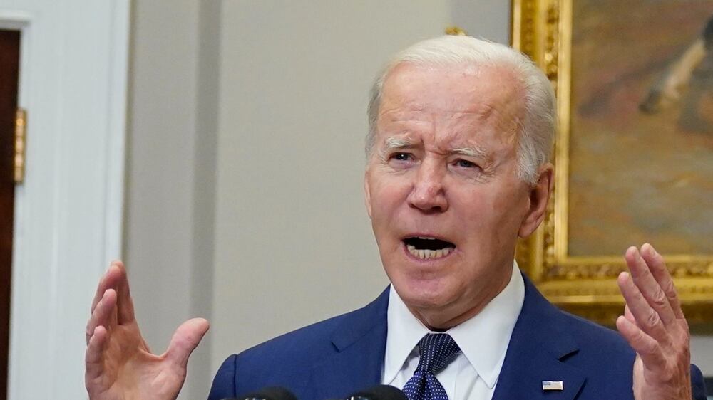 President Joe Biden speaks about the mass shooting at Robb Elementary School in Uvalde, Texas, from the White House, in Washington, Tuesday, May 24, 2022, as first lady Jill Biden listens.  (AP Photo / Manuel Balce Ceneta)