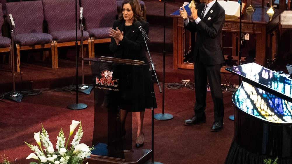 Us Vice President Kamala Harris speaks during the memorial for Ruth Whitfield in Buffalo, New York, USA, 28 May 2022.   Whitfield was a victim of the recent shooting at a grocery store in Buffalo.  A gunman, who has been identified by authorities as 18-year-old Payton S.  Gendron and is in police custody, reportedly opened fire at the Tops Friendly Market grocery store in Buffalo on 14 March afternoon and killed 10 people.   EPA / Malik Rainey  /  POOL