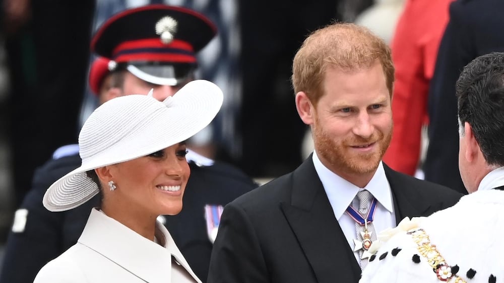 Prince Harry and his wife Meghan arrive for jubilee thanksgiving service