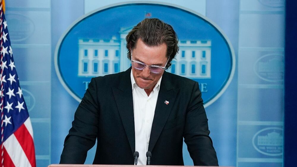 Matthew McConaughey, a native of Uvalde, Texas, pauses as he talks about the mass shooting in Uvalde, at the White House in Washington, Tuesday, June 7, 2022.  (AP Photo / Evan Vucci)